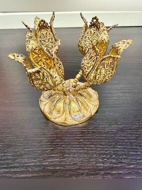 Vintage Filigree Four Tulips Gold Tone Lipstick Holder Brass
